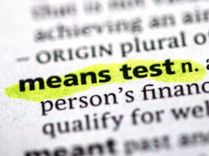 Closeup of book page with "means test" highlighted.