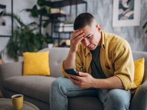 Man sitting on a couch looking at his phone with an appearance of stress.