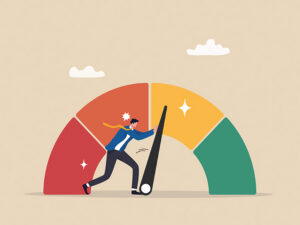 Graphic of man pushing credit score rate needle towards yellow.